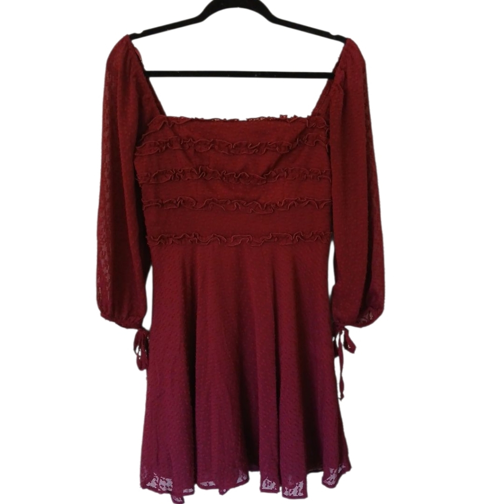 City Studio Burgundy Textured Fit And Flare Sheer Long Sleeve Dress Size Medium
